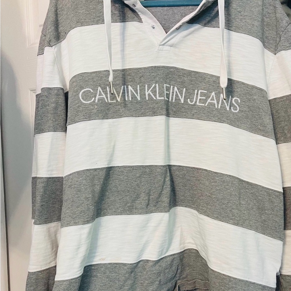 Vintage Calvin Klein Jeans Gray and White Striped Hoodie